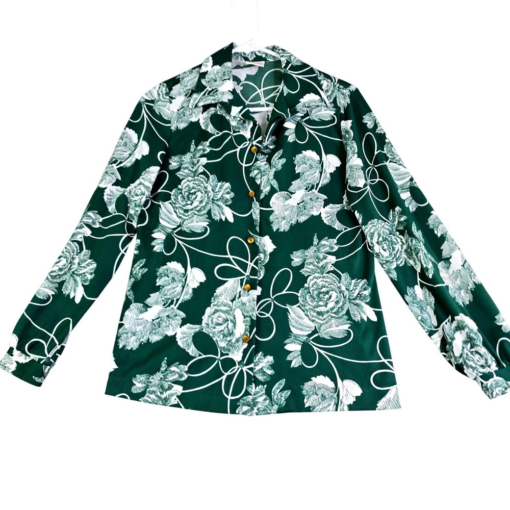 Vintage 70s Graff Floral Button Blouse Women S Green White Disco Chic Mod Boho
